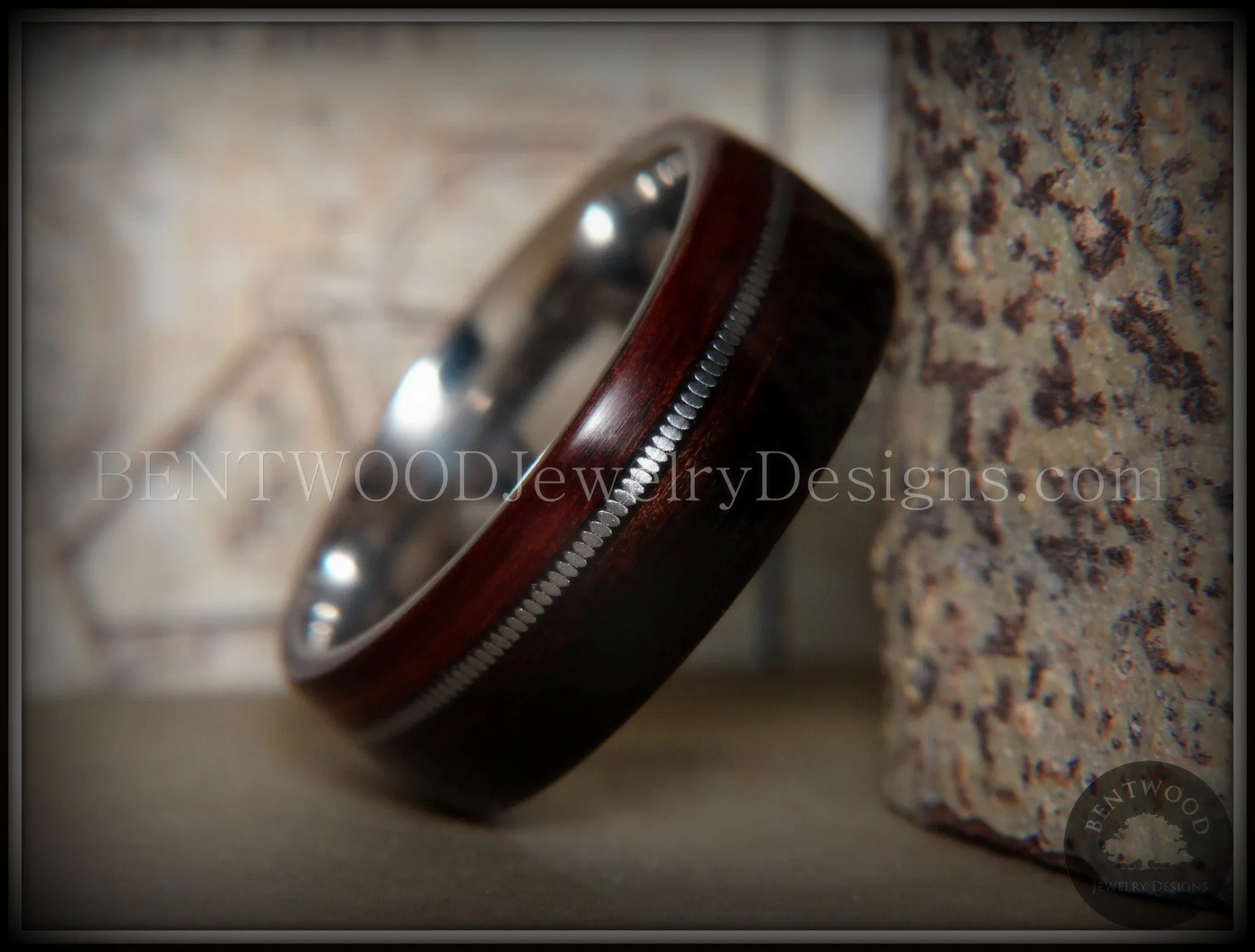 Bentwood Ring - Kingwood Wood Ring with Heavy Gauge Silver Electric Guitar String Inlay on Surgical Steel Core