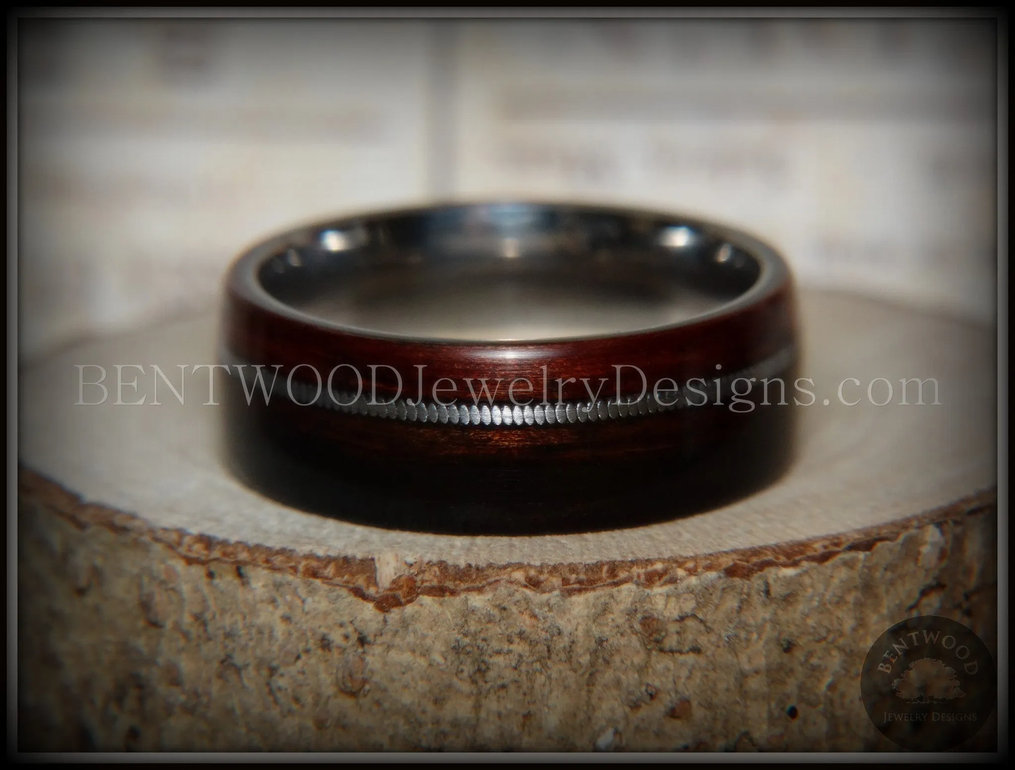 Bentwood Ring - Kingwood Wood Ring with Heavy Gauge Silver Electric Guitar String Inlay on Surgical Steel Core