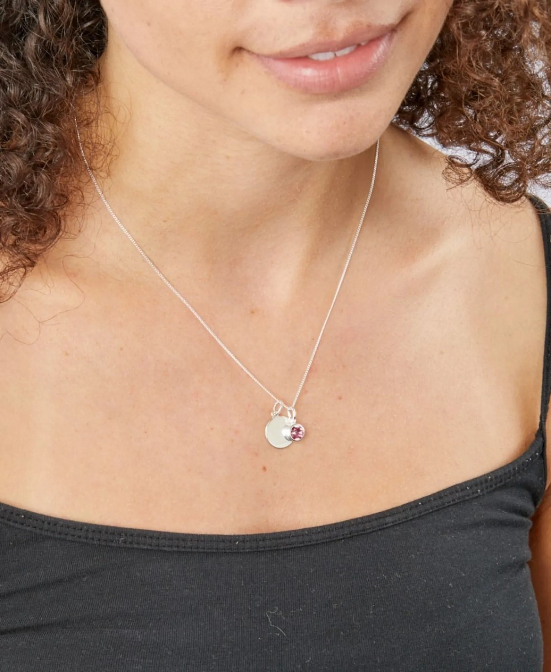 Birthstone & Engravable Disc Necklace - Sterling Silver