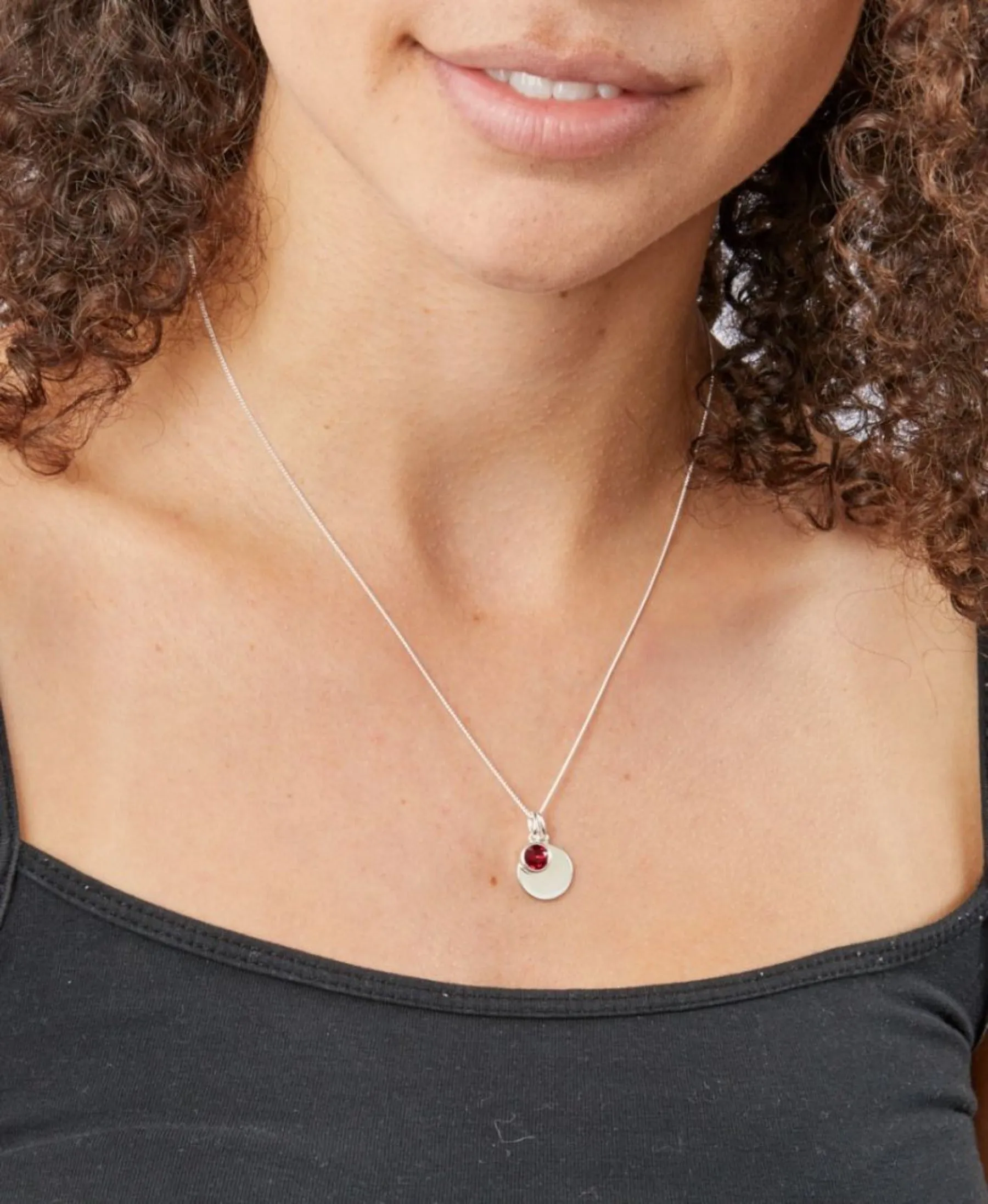 Birthstone & Engravable Disc Necklace - Sterling Silver