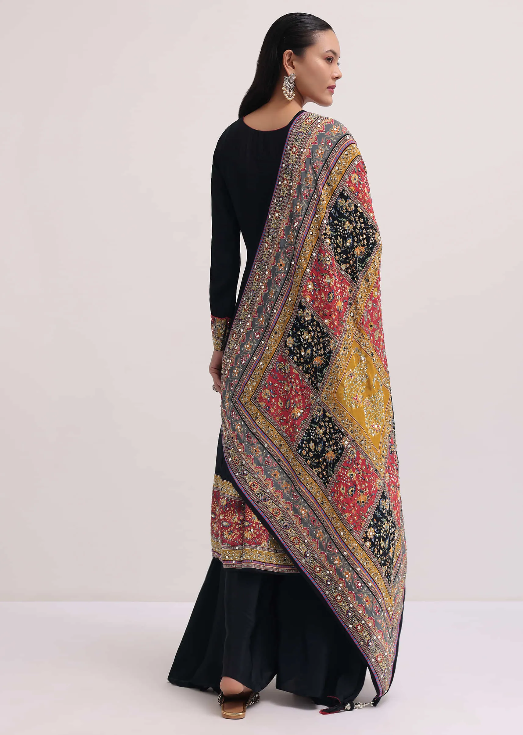 Black Embroidered Satin Kurta Palazzo Set