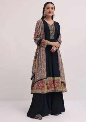 Black Embroidered Satin Kurta Palazzo Set