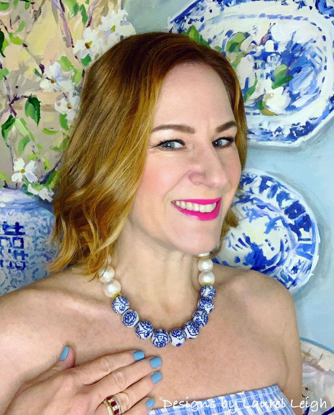 Blue & White Chinoiserie Peony Pearl Necklace