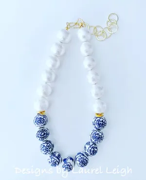 Blue & White Chinoiserie Peony Pearl Necklace