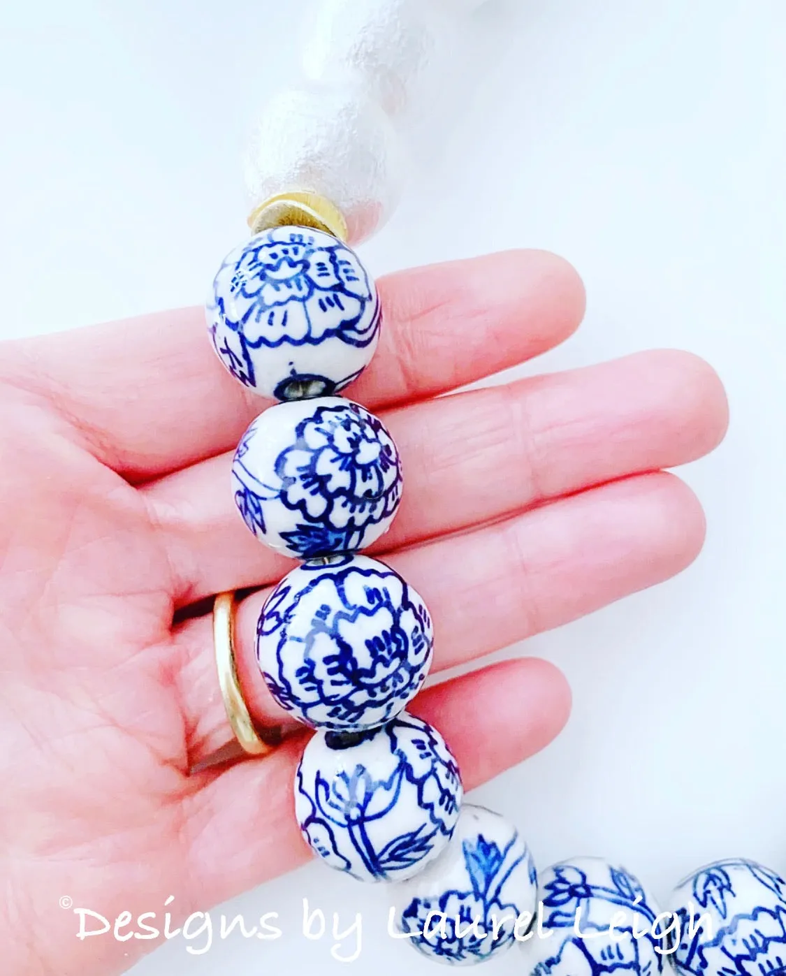 Blue & White Chinoiserie Peony Pearl Necklace