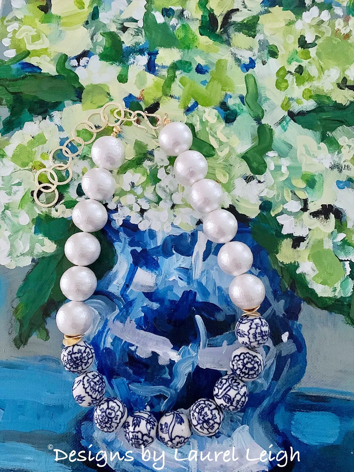 Blue & White Chinoiserie Peony Pearl Necklace