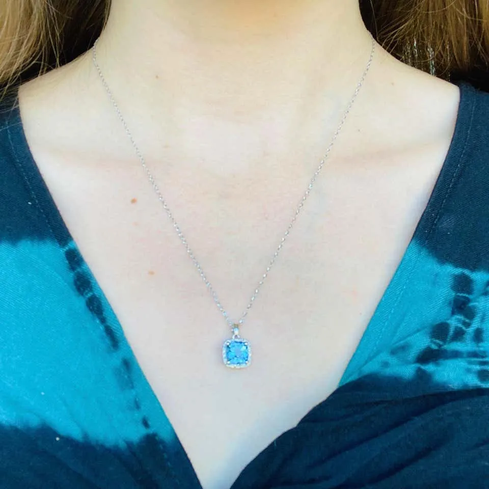Blue Topaz Diamond Halo Necklace