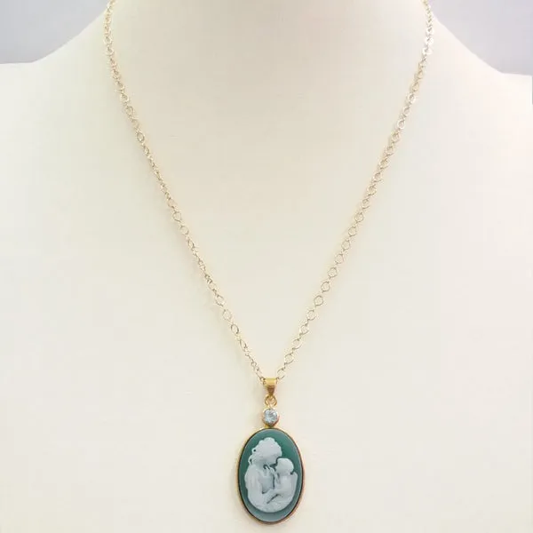 Blue Topaz with Green and White Agate Mother and Child Cameo Necklace