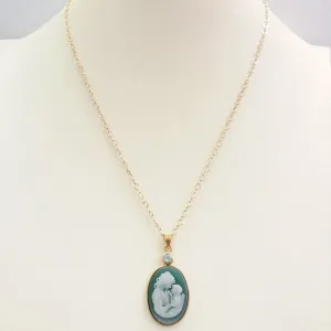 Blue Topaz with Green and White Agate Mother and Child Cameo Necklace