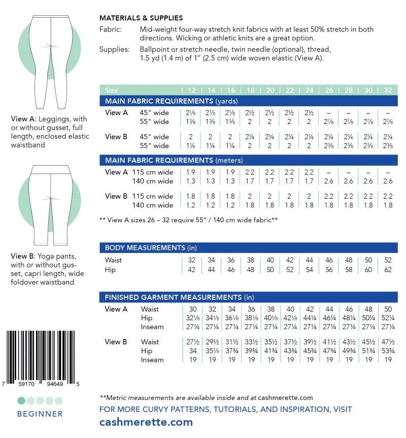 Cashmerette Sewing Pattern - Belmont Leggings & Yoga Pants
