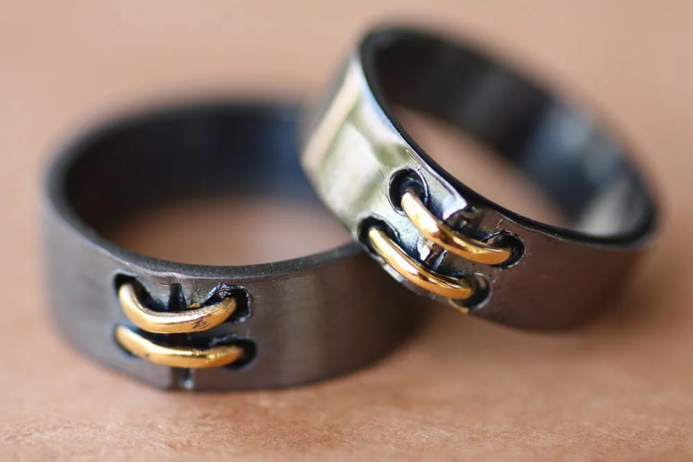 Chunky Wedding ring set, Black Rhodium ring with gold detail