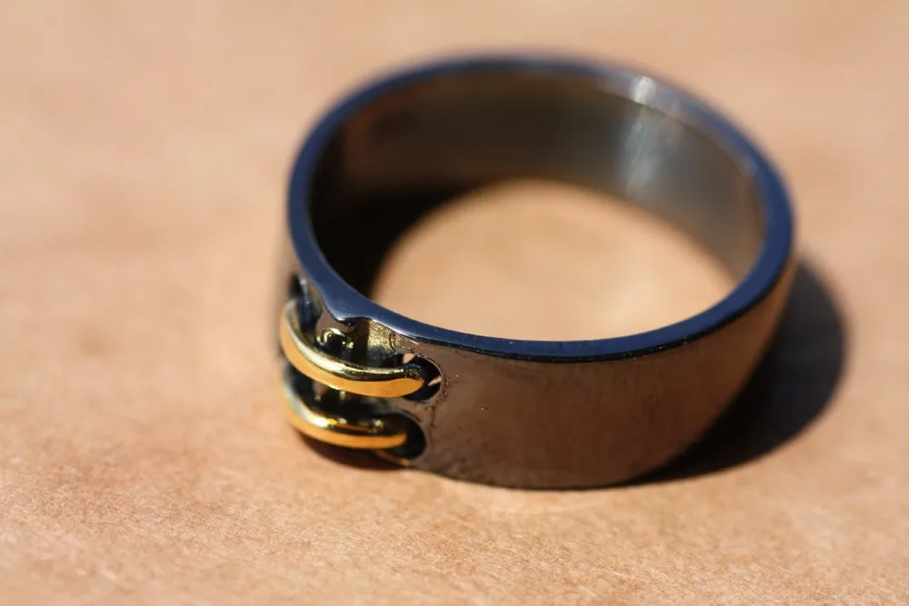 Chunky Wedding ring set, Black Rhodium ring with gold detail