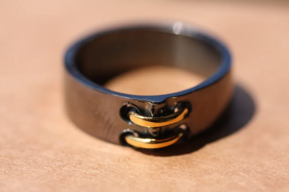 Chunky Wedding ring set, Black Rhodium ring with gold detail