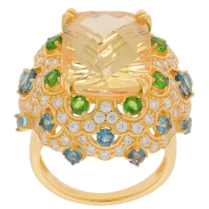 Cushion Yellow Citrine Sterling Silver Ring with Moissanite Accent