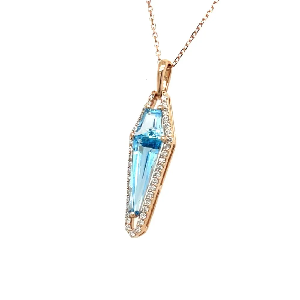 Custom Cut Blue Topaz with Diamonds Pendant with 14K Rose Gold Chain at Regard Jewelry in Austin, Texas