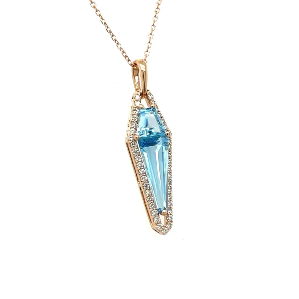 Custom Cut Blue Topaz with Diamonds Pendant with 14K Rose Gold Chain at Regard Jewelry in Austin, Texas
