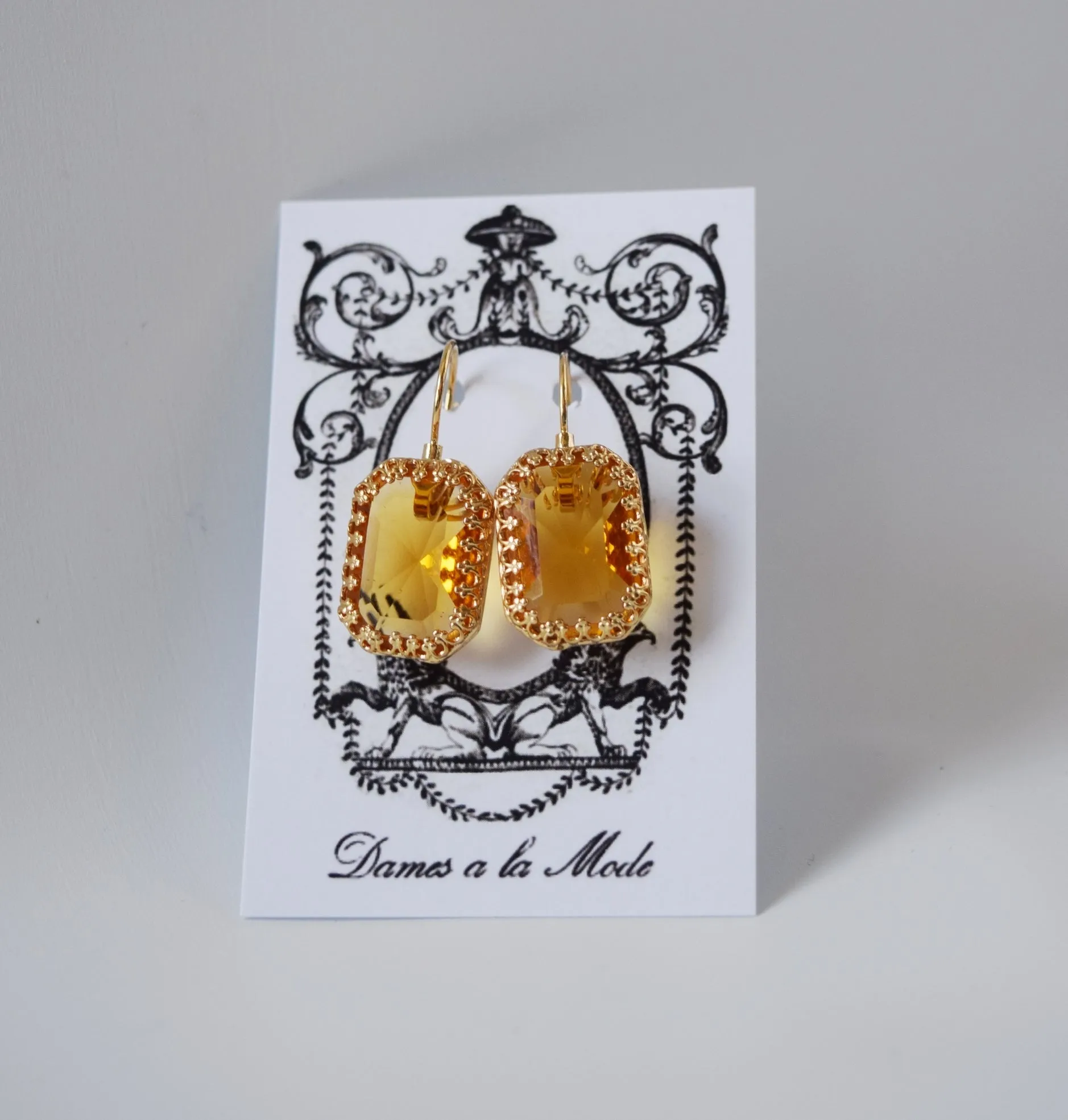 Dark Yellow Crystal Crown Earrings