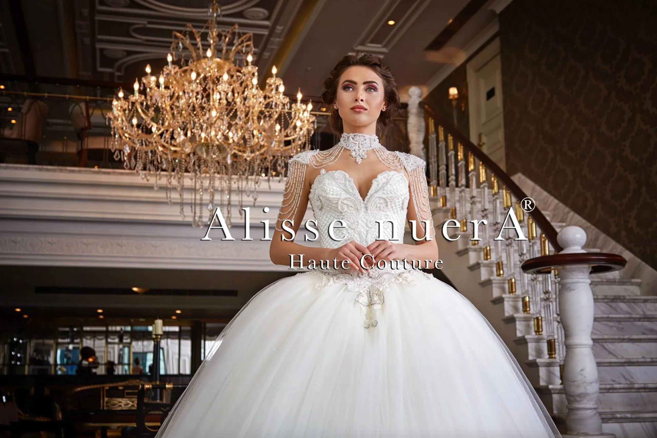 Diamond White Embroidery Wedding Dress with Crystal Beaded Neck Accessory