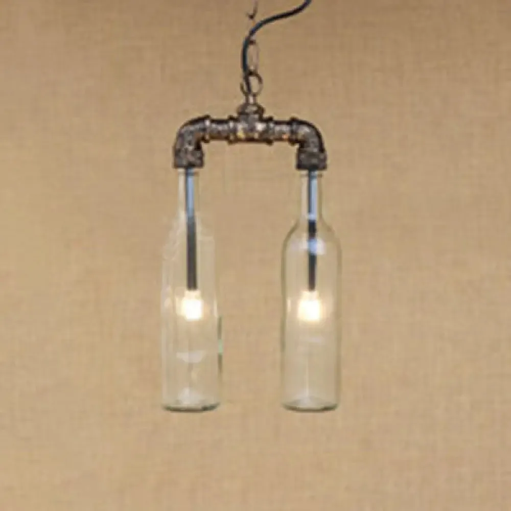 Farmhouse 2-Light Chandelier Pendant with Amber/Blue Glass Shades and Pipe Design