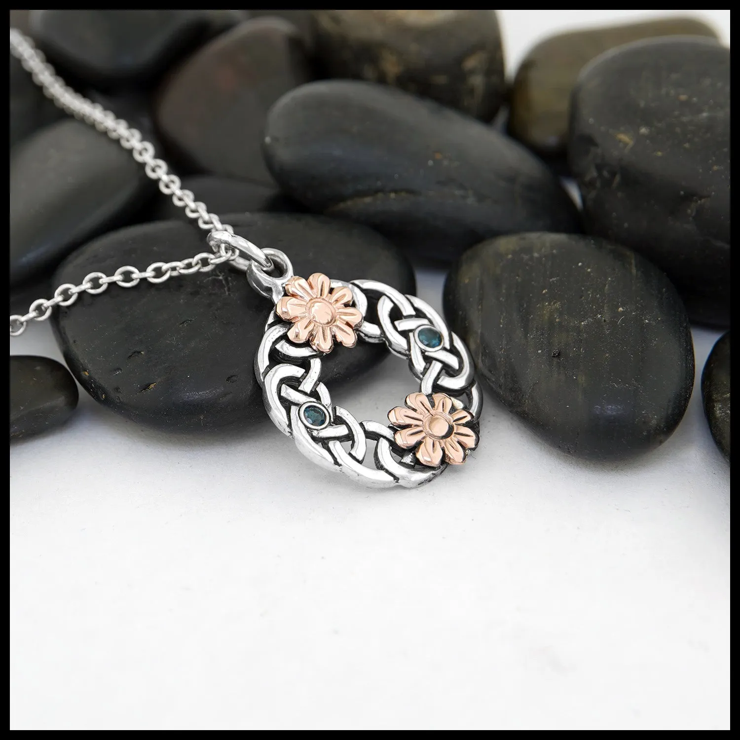 Floral Celtic Wreath Pendant with Blue Topaz and Rose Gold Daisies