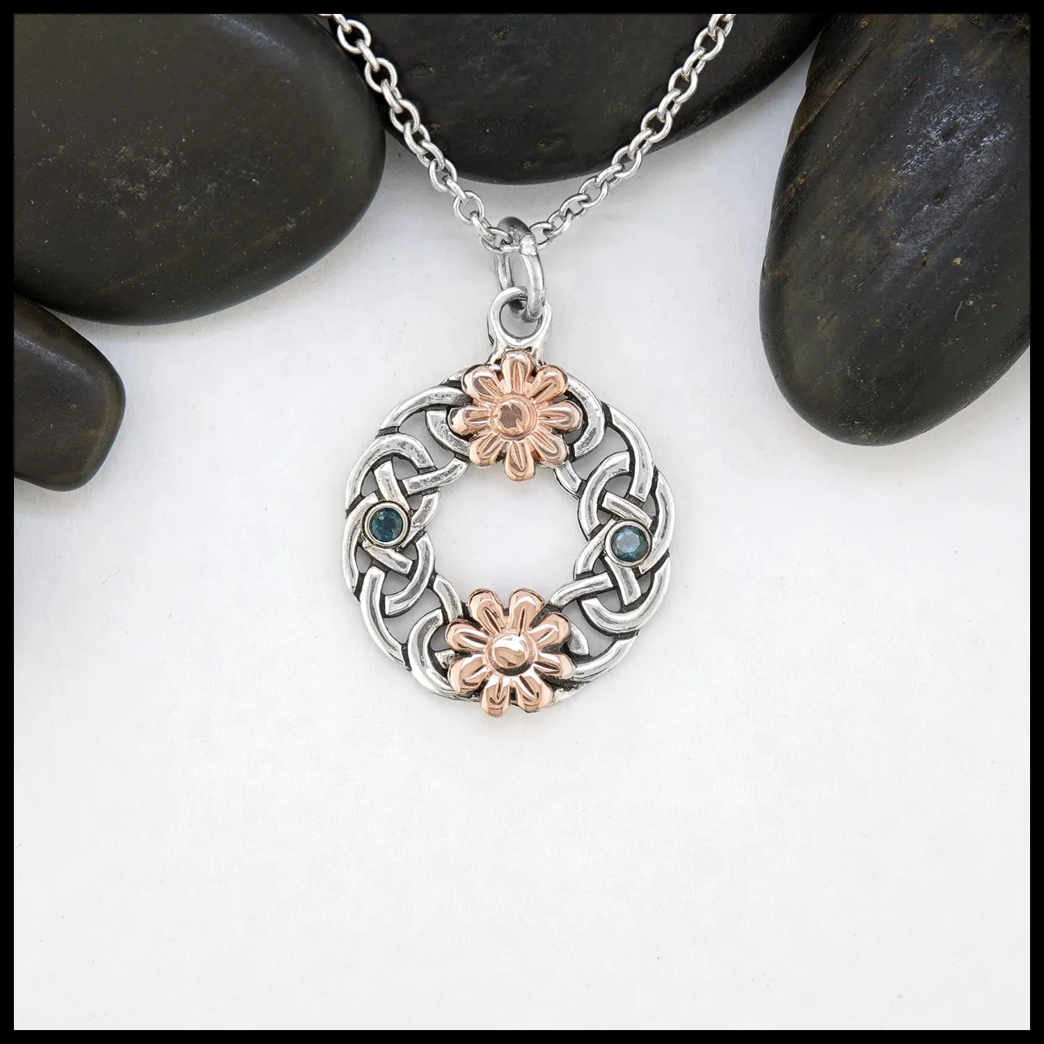Floral Celtic Wreath Pendant with Blue Topaz and Rose Gold Daisies