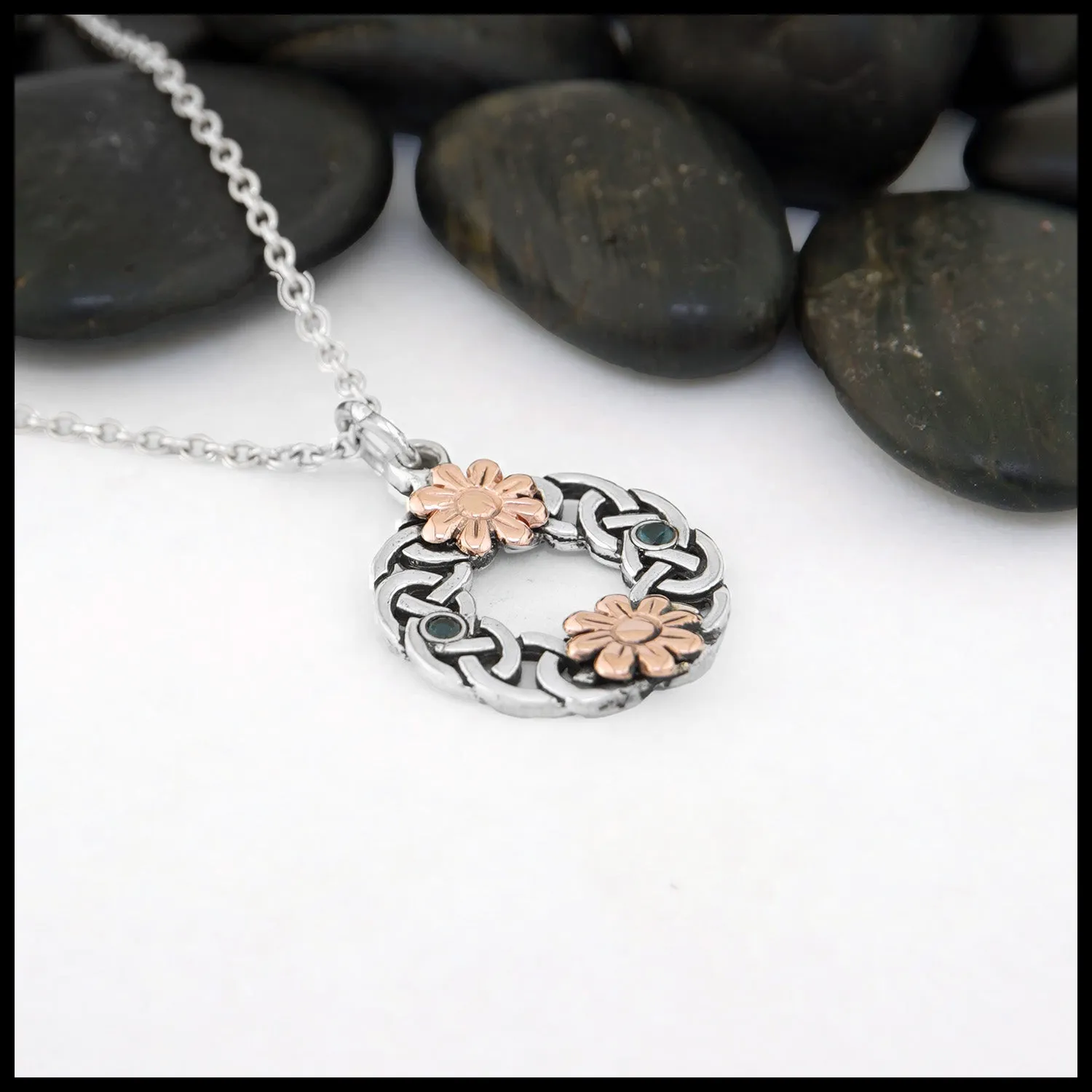 Floral Celtic Wreath Pendant with Blue Topaz and Rose Gold Daisies