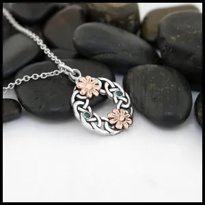 Floral Celtic Wreath Pendant with Blue Topaz and Rose Gold Daisies