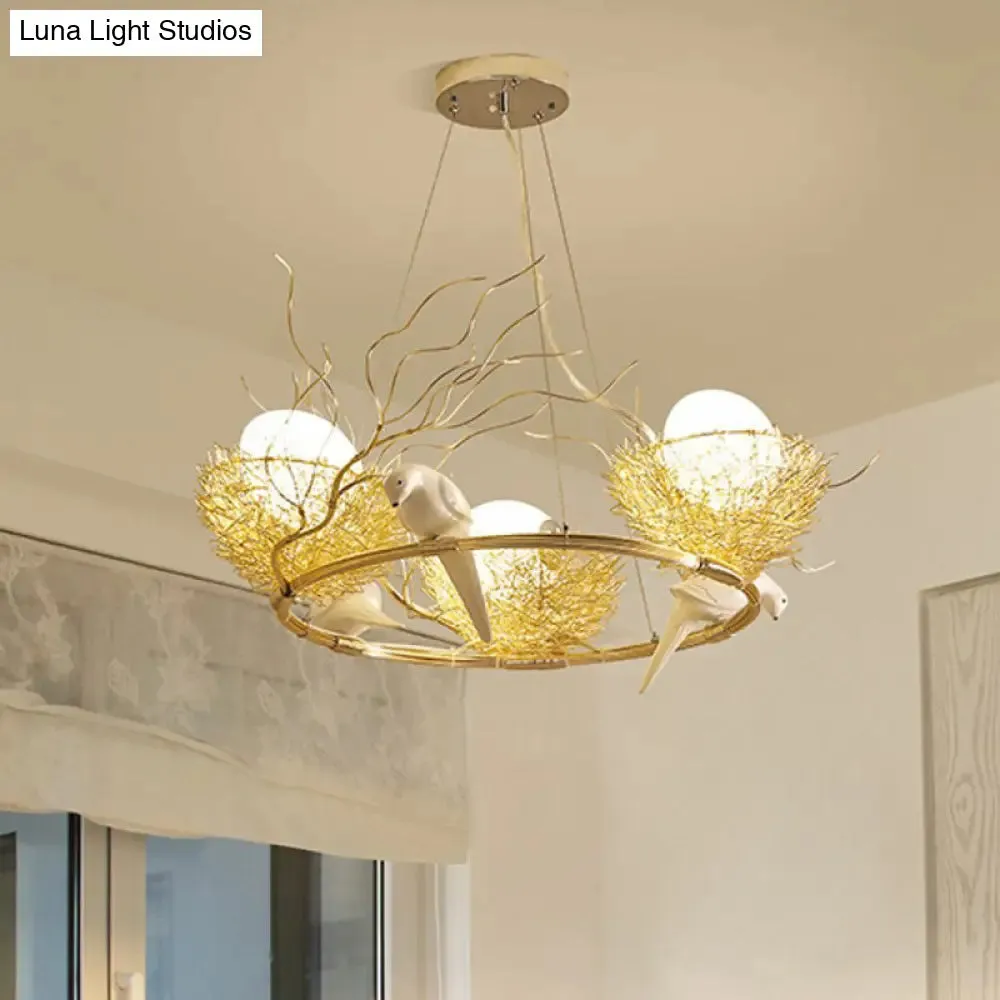 Gold Aluminum Pendant Light with Artistic Bird Nest and Egg Design for Dining Room