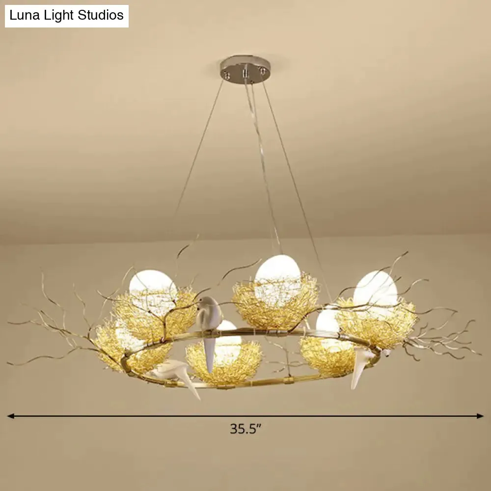 Gold Aluminum Pendant Light with Artistic Bird Nest and Egg Design for Dining Room