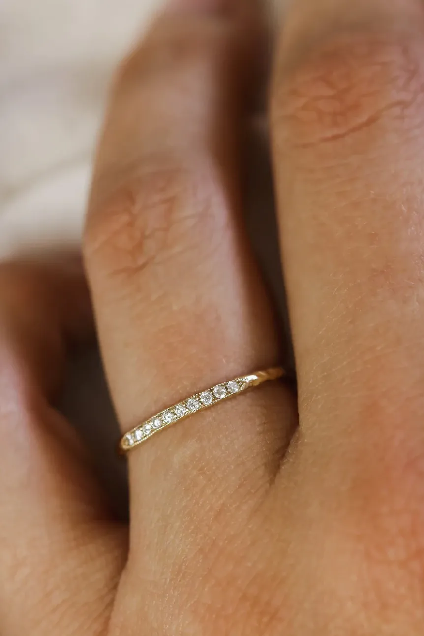 Gold Textured Diamond Milgrain Band