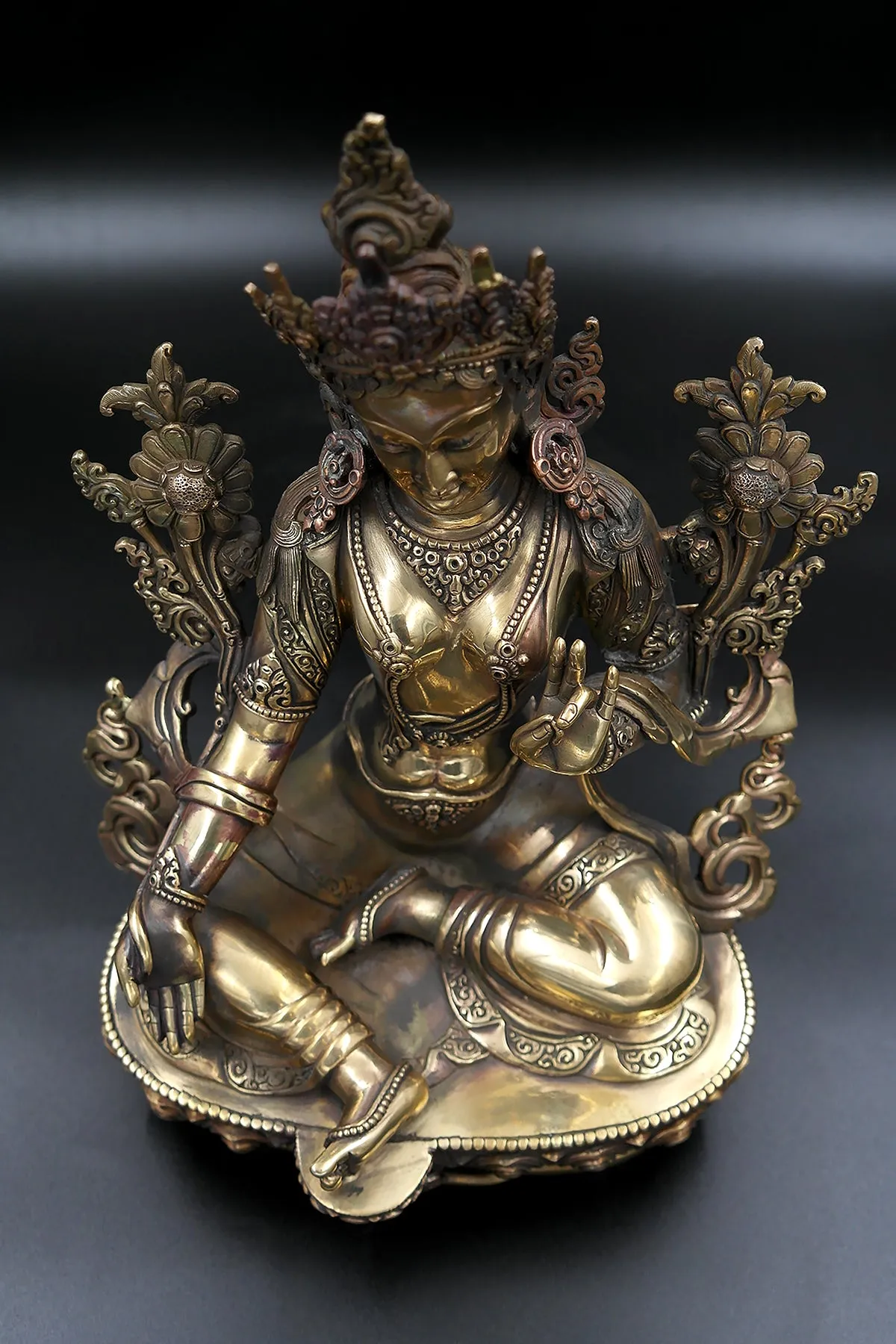 Gold toned Tibetan Green Tara statue from Nepal 12"