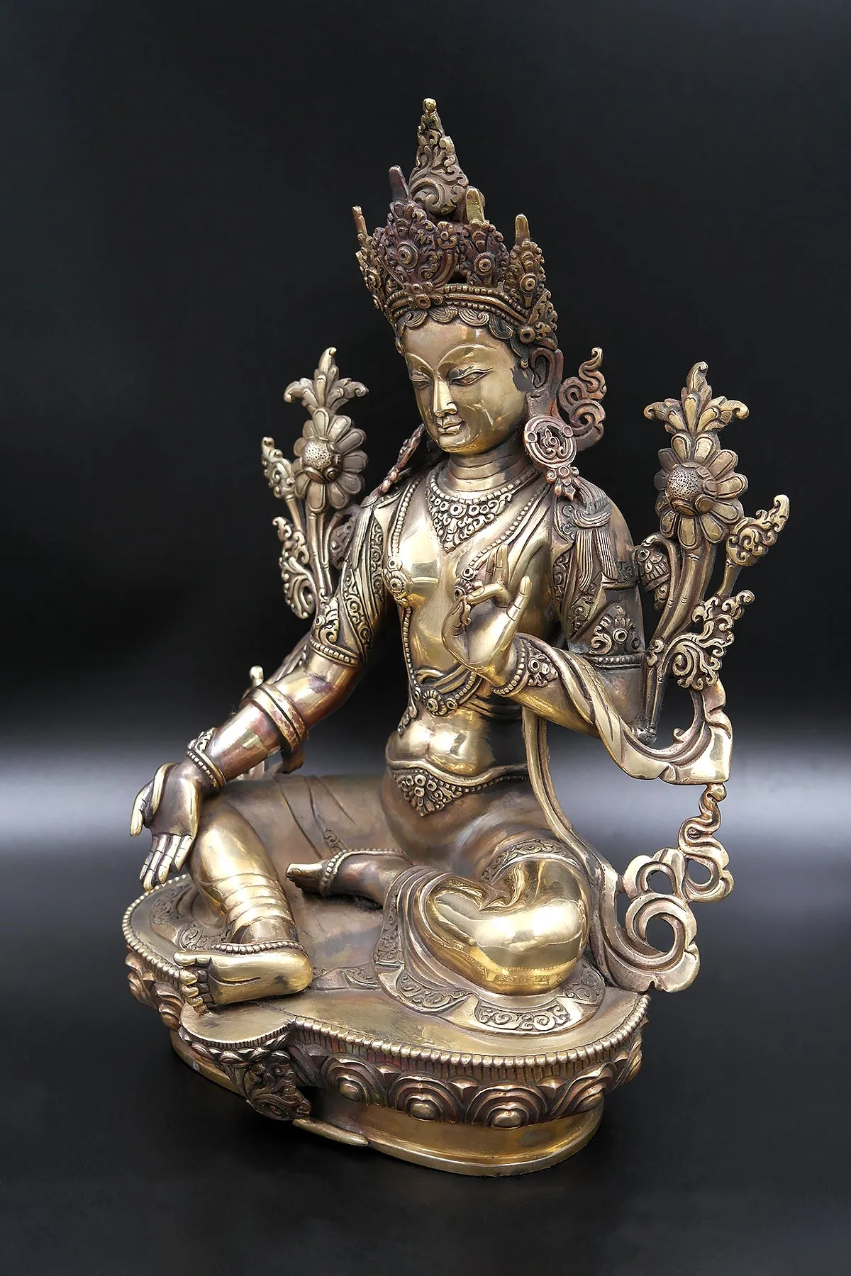 Gold toned Tibetan Green Tara statue from Nepal 12"