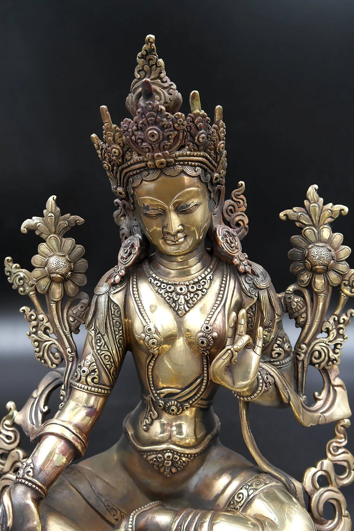 Gold toned Tibetan Green Tara statue from Nepal 12"