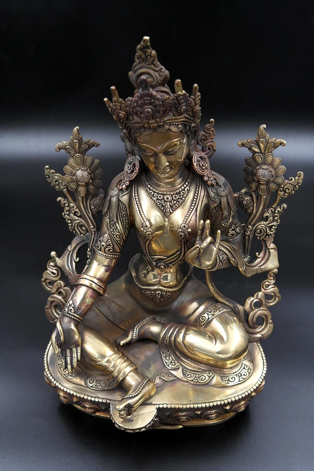Gold toned Tibetan Green Tara statue from Nepal 12"