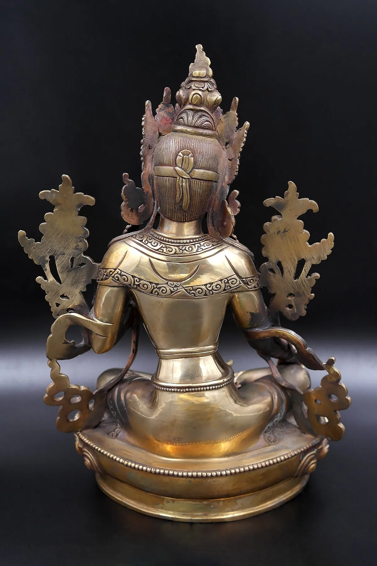 Gold toned Tibetan Green Tara statue from Nepal 12"
