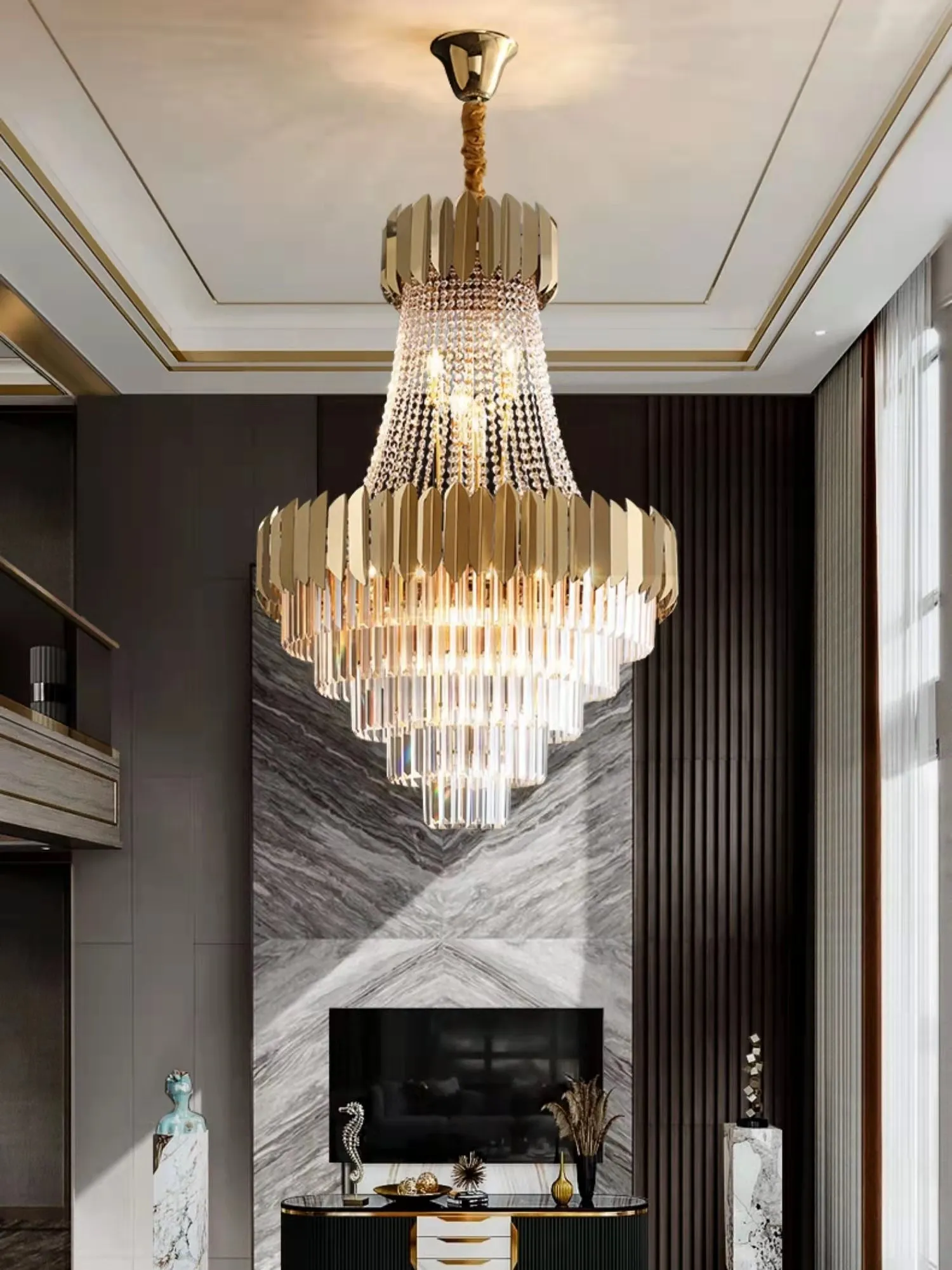 Hallway Golden Crystal Chandelier Luxury Ceiling Lamp for Living Room Staircase