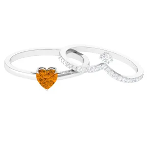 Heart Citrine Solitaire Ring Set with Diamond