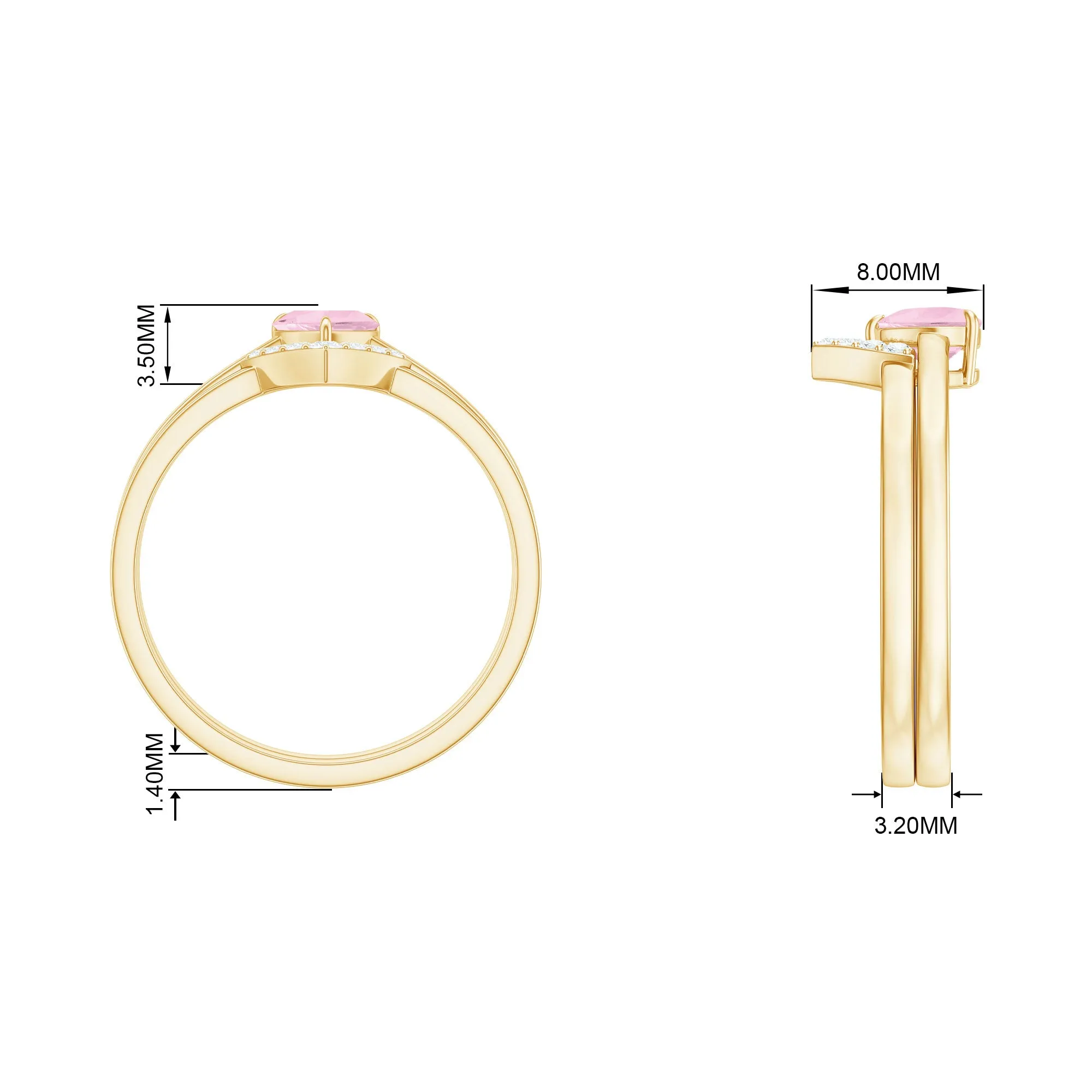 Heart Shape Rose Quartz Wedding Ring Set with Diamond
