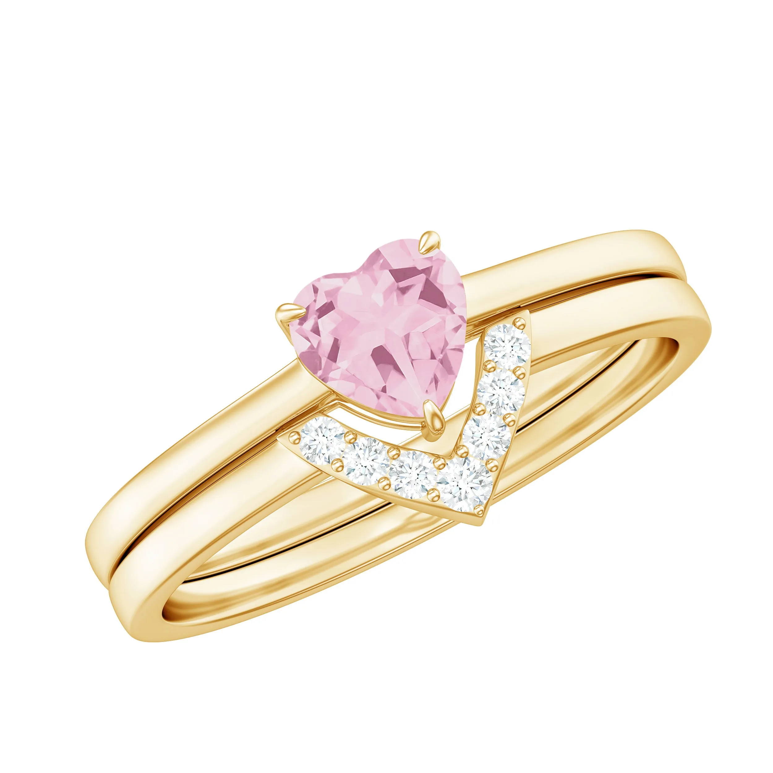Heart Shape Rose Quartz Wedding Ring Set with Diamond