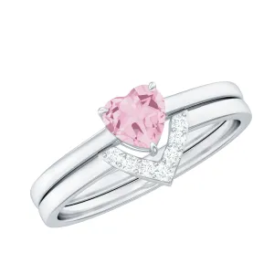 Heart Shape Rose Quartz Wedding Ring Set with Diamond