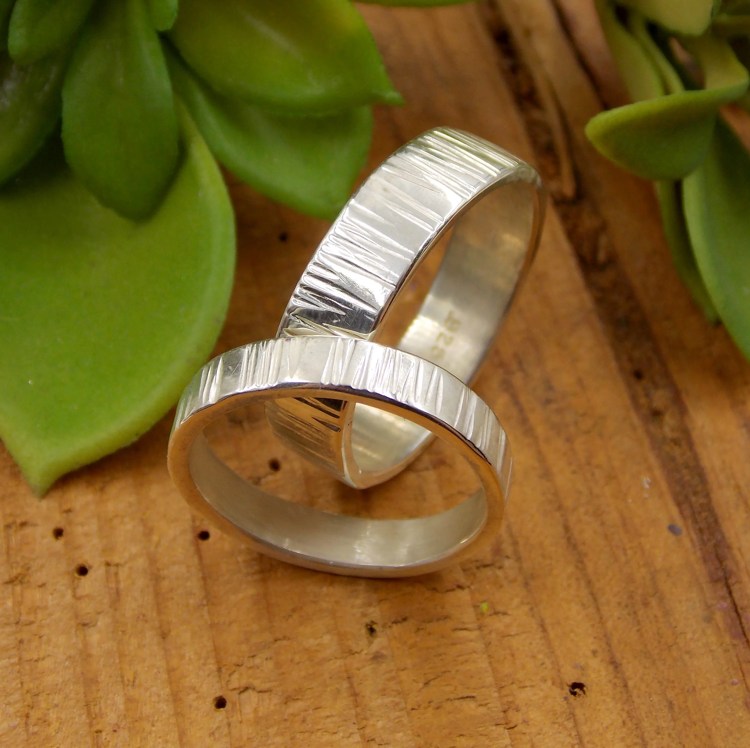 His & Her Set Tree Bark Wedding Band - Sterling Silver
