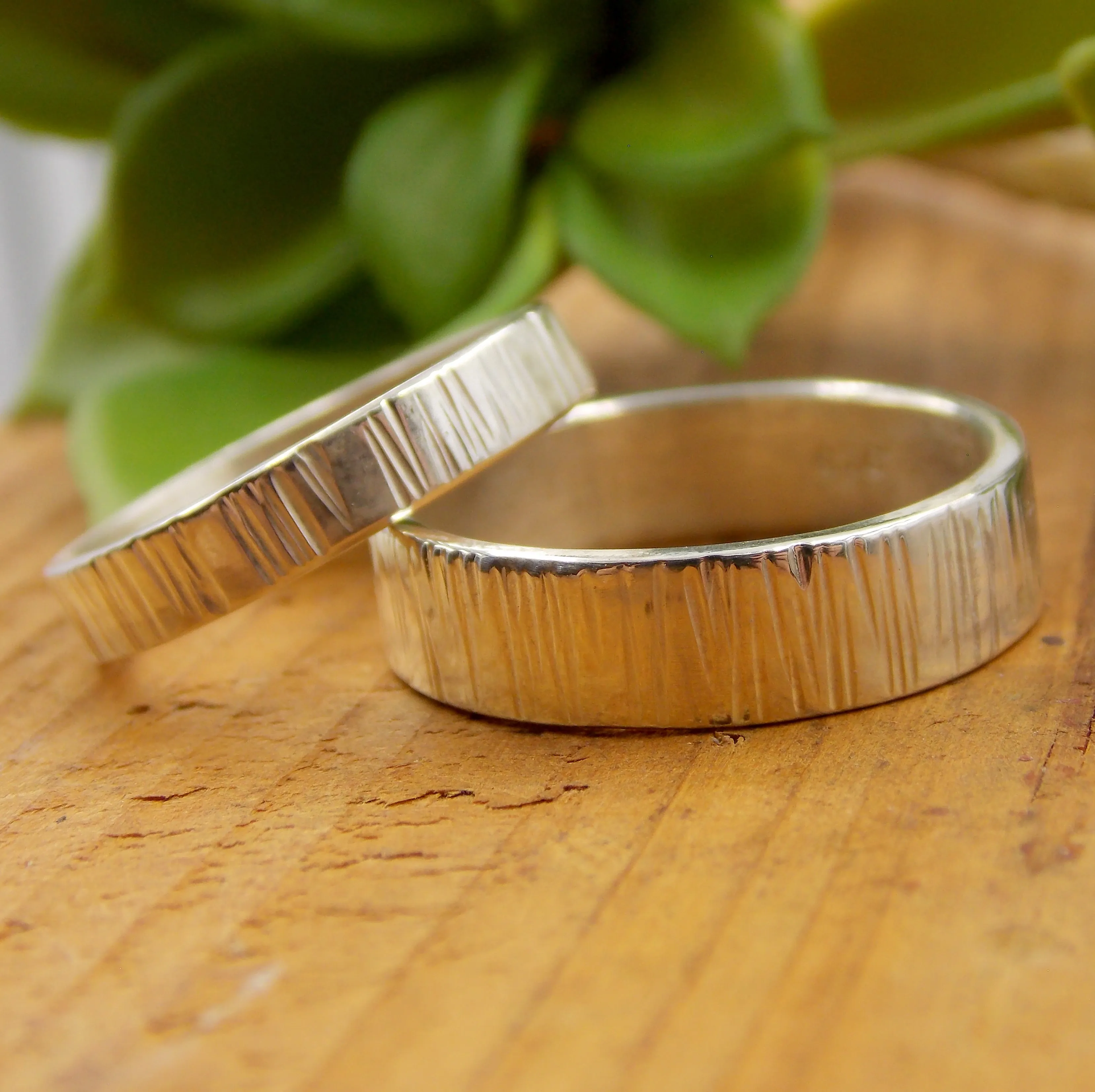 His & Her Set Tree Bark Wedding Band - Sterling Silver