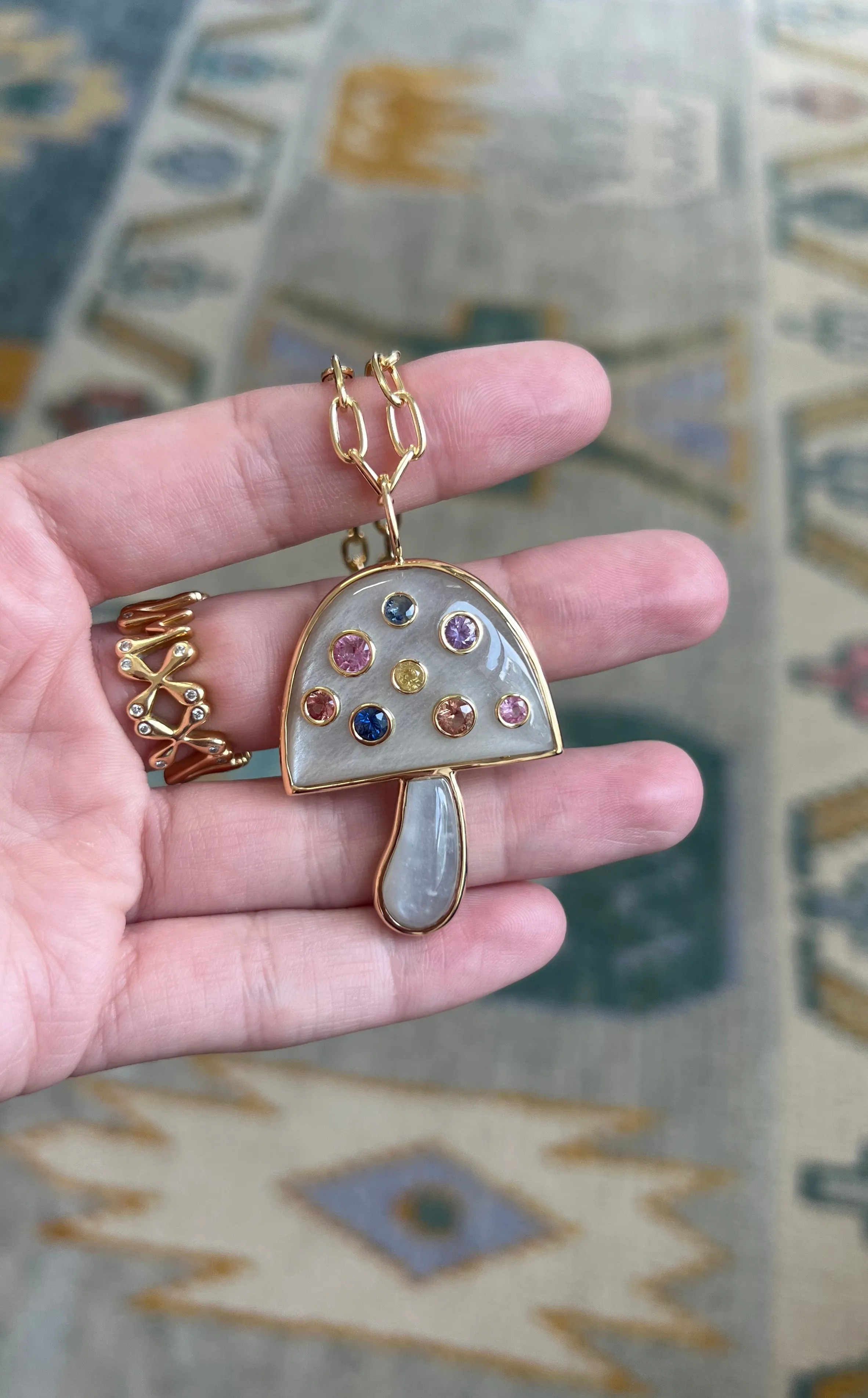 Large Magic Mushroom Pendant with Grey Moonstone and Pastel Sapphires