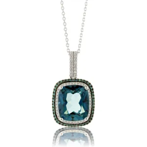 London Blue Topaz, Blue Diamond & Diamond Halo Pendant w/Chain