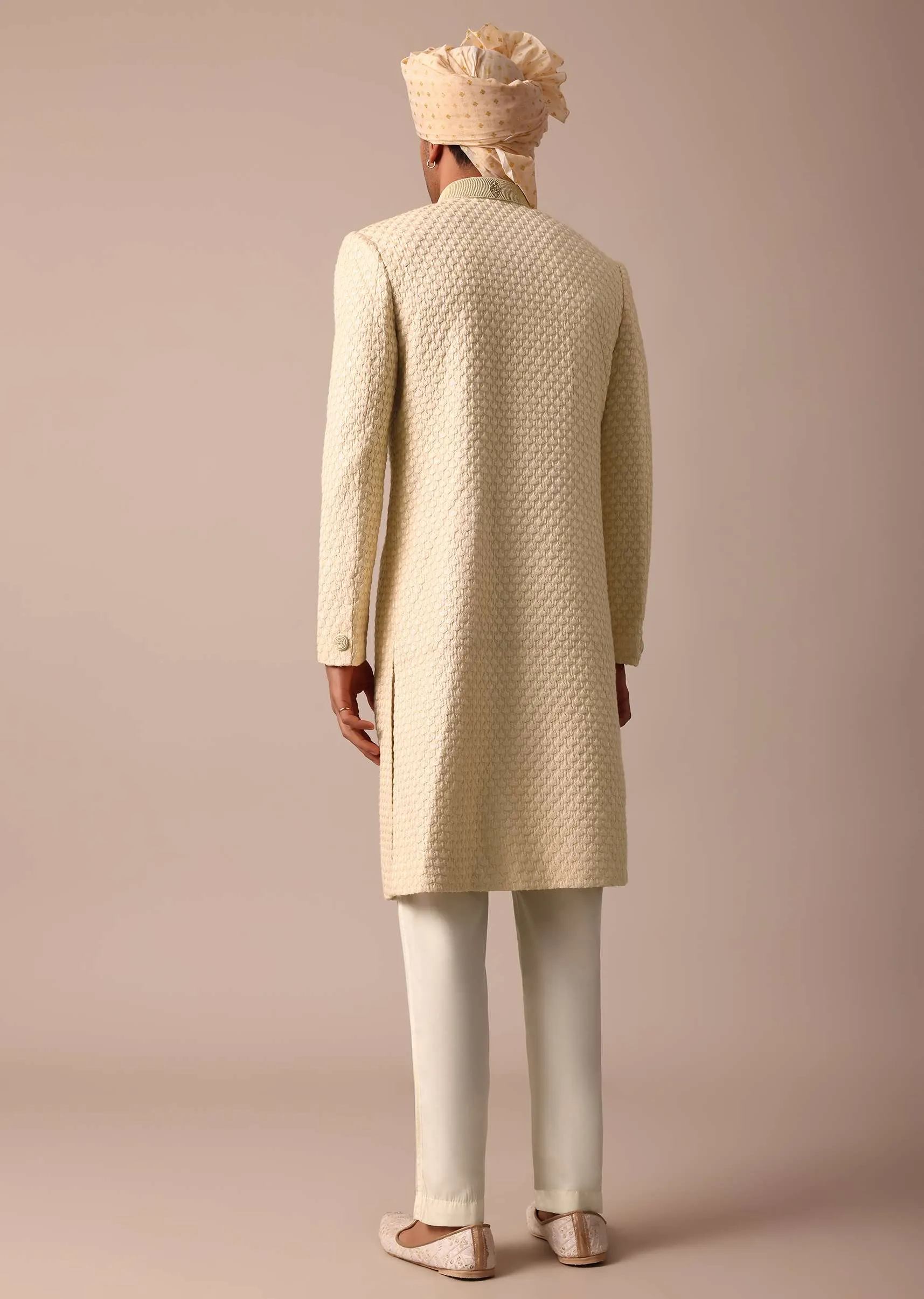 Magnificent Beige Silk Lucknowi Sherwani Set