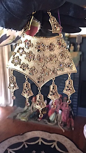 MCM Mid Century Modern Brutalism Large Peek a Boo Breast Plate  Necklace Goldette Avant Garde  unusual to have the topaz stones