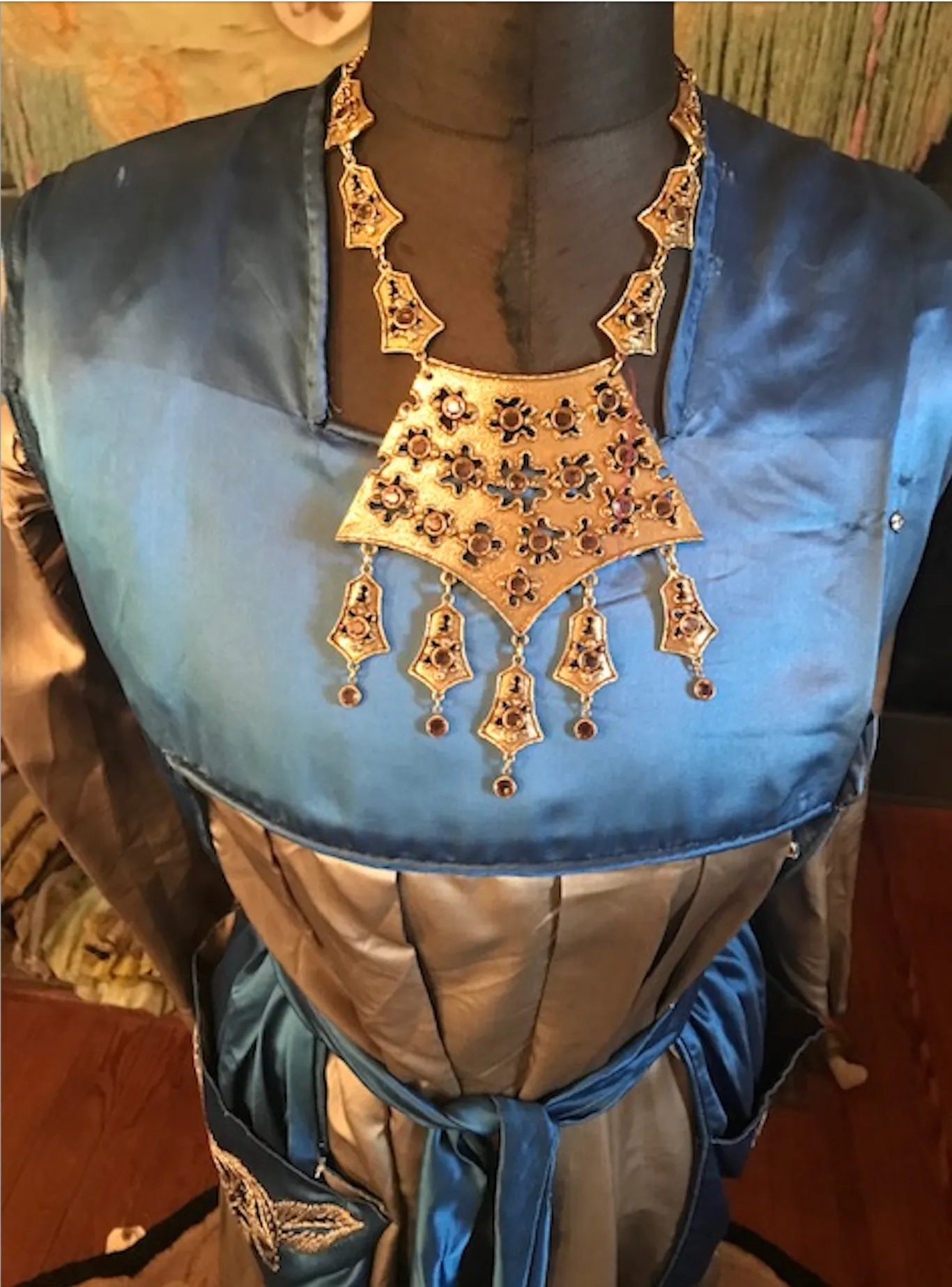MCM Mid Century Modern Brutalism Large Peek a Boo Breast Plate  Necklace Goldette Avant Garde  unusual to have the topaz stones