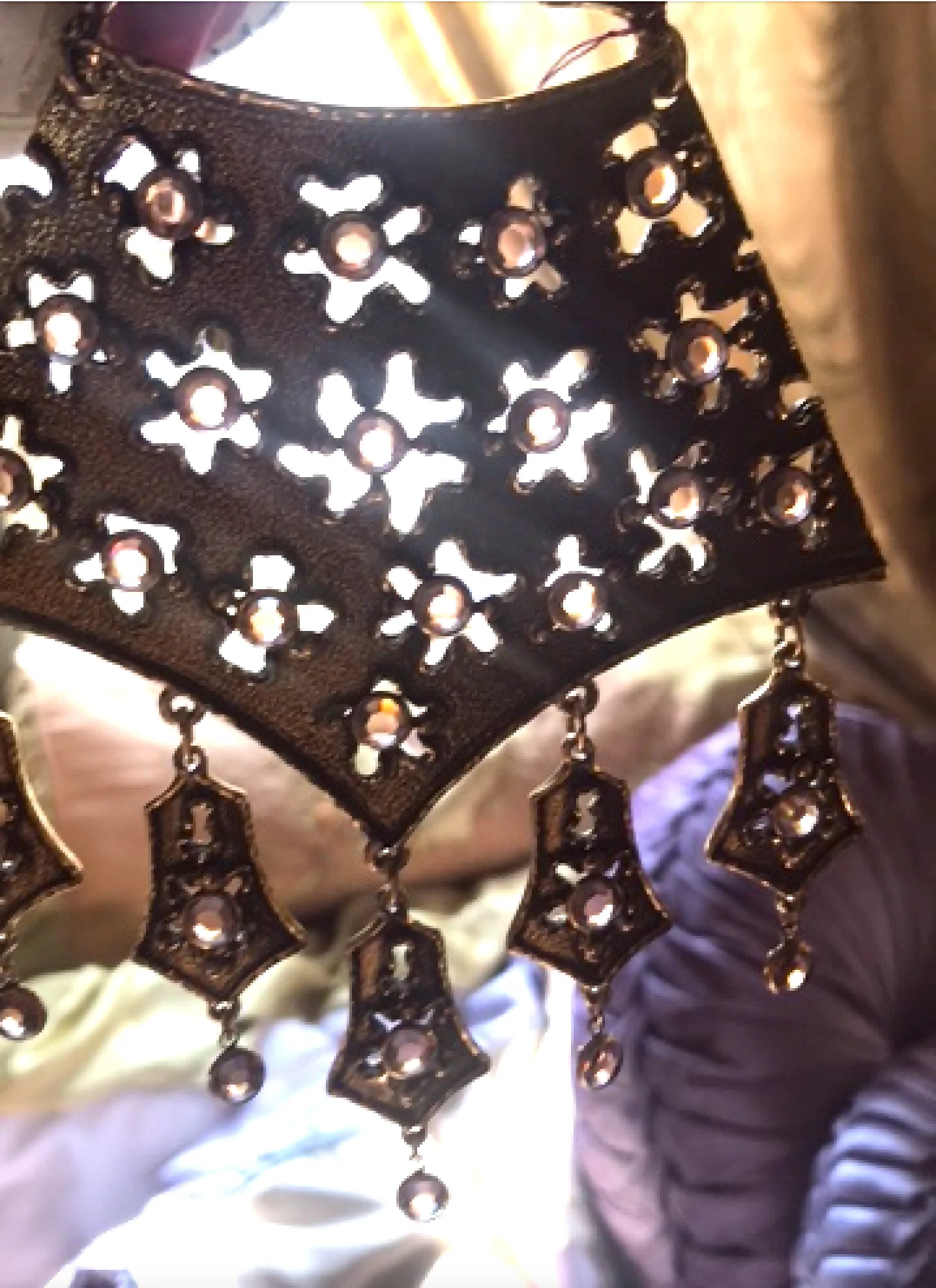 MCM Mid Century Modern Brutalism Large Peek a Boo Breast Plate  Necklace Goldette Avant Garde  unusual to have the topaz stones