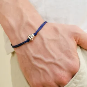 Men's bracelet with silver smiling buddha charm, blue cord, yoga jewelry for man