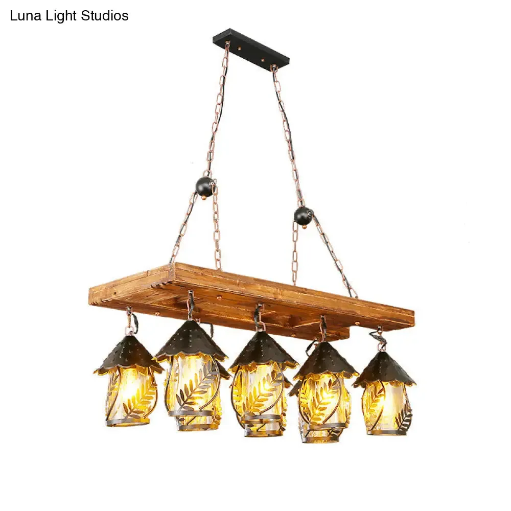 Metallic Chandelier Wood Lantern with Leaf Pattern - Elegant Restaurant Suspension Lamp